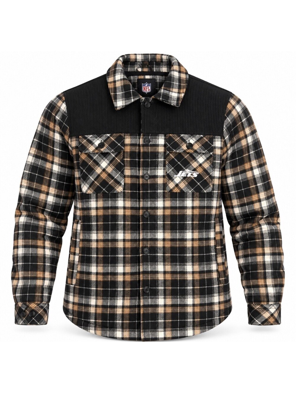 New York Jets NFL Plaid Flannel Shacket Men’s Medium Black Tan Button Up Jacket